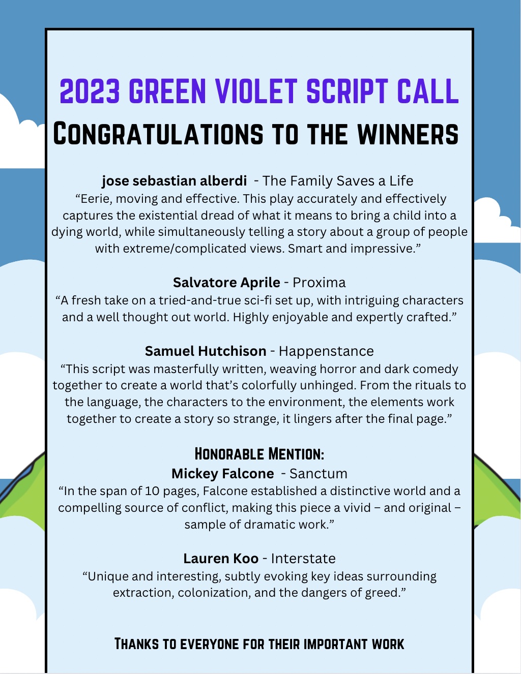 Green Violet Script Call Winners